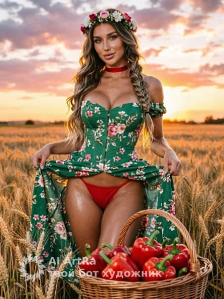 Девушка с корзиной красных перцев на закате